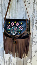 Load image into Gallery viewer, Handpainted Peace Sign Double Fringe Leather Boho Bag