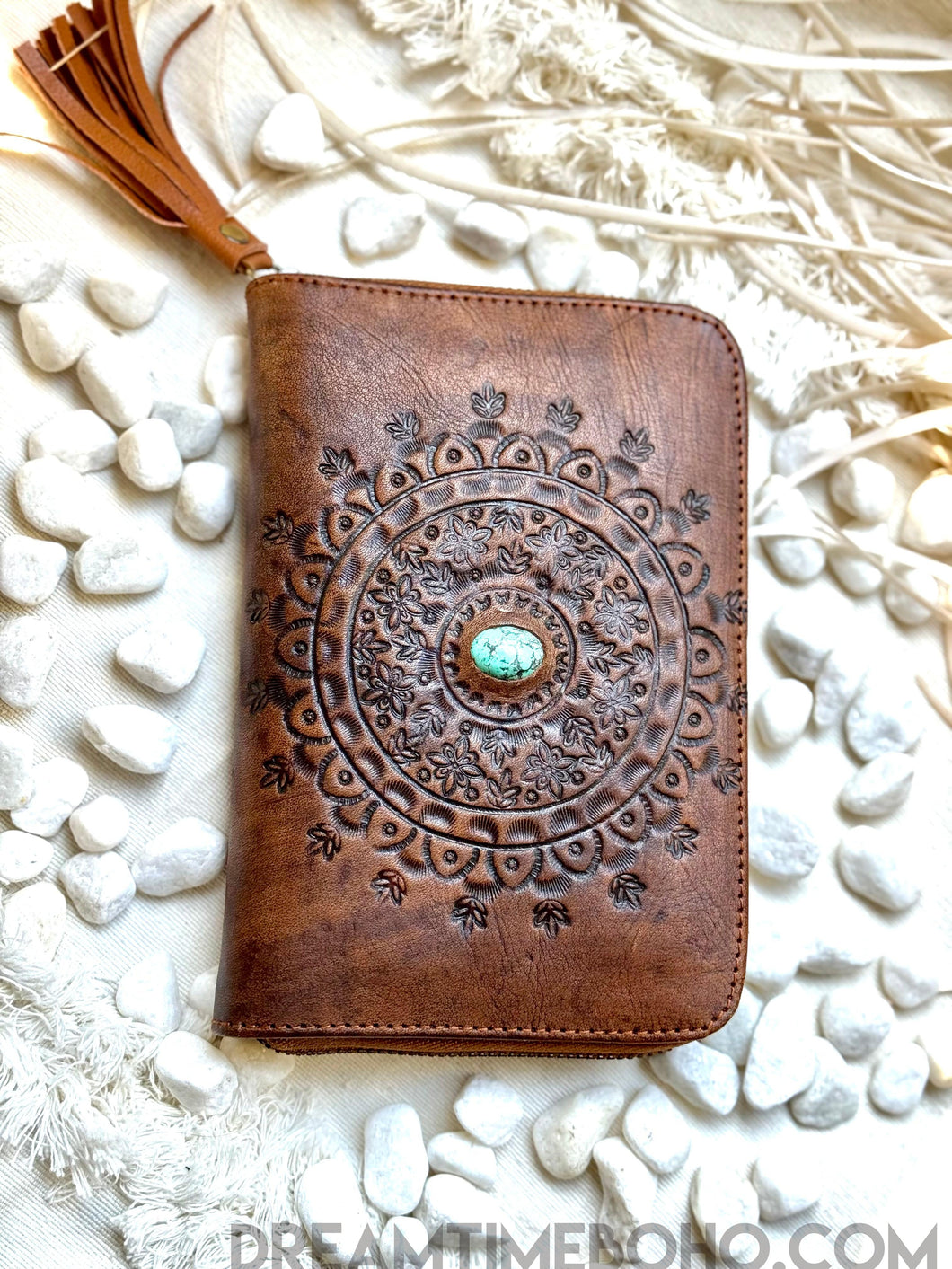 Mandala Turquoise Stone Hand Tooled Leather Wallet Purse-Apparel & Accessories-Dreamtime Boho -Dreamtime Boho