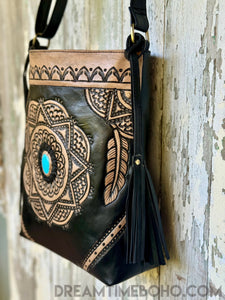 Mandala Crossbody Leather Boho Bag with Gemstone Feature-Leather Crossbody Bag-Dreamtime Boho-Turquoise Stone-Dreamtime Boho