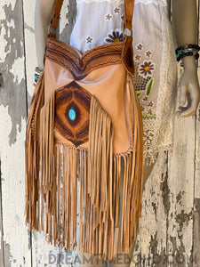 Gypsy Feather Hand Tooled Fringed Leather Boho Bag-Fringed Bag-Dreamtime Boho -Tan-Dreamtime Boho