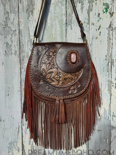 Crystal Moon Leather Fringe Boho Bag – Antique Brown-Handbags, Wallets & Cases-Dreamtime Boho-Antique Brown-Dreamtime Boho
