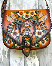 Load image into Gallery viewer, Bee Story Hand Tooled Leather Crossbody Bag – Hand Painted Floral Bee Design