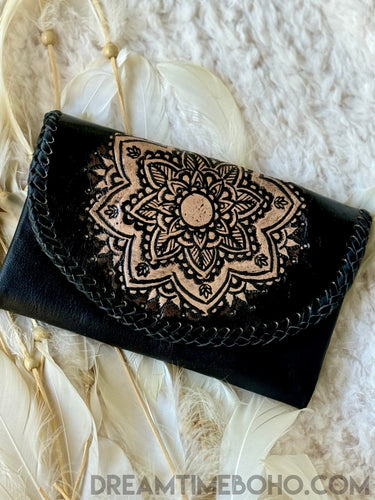 Tooled Mandala Leather Purse Wallet Clutch Bohemian-Leather Wallet-Dreamtime Boho-Black-Dreamtime Boho