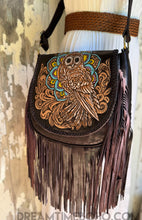 Load image into Gallery viewer, Night Guardian Hand Tooled Owl Leather Fringe Crossbody Bag – Hand Painted Boho Artisan Bag-Handbags, Wallets &amp; Cases-Dreamtime Boho -Dreamtime Boho