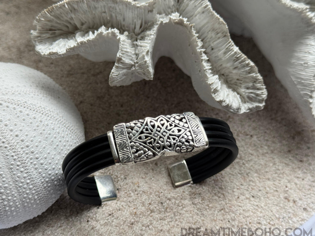 Tribal Pulse Sterling Silver Rubber Cuff – Unisex Bracelet-Apparel & Accessories-Dreamtime Boho -Dreamtime Boho