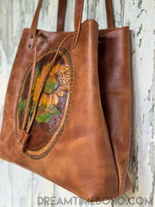 Luxe Handtooled Sunflower Leather Shoulder Tote Bag-Leather Shoulder Bag-Dreamtime Boho-Dreamtime Boho