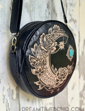 Load image into Gallery viewer, Rustic Moon Hand Tooled Round Leather Boho Bag