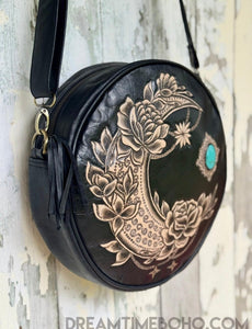 Rustic Moon Hand Tooled Round Leather Boho Bag