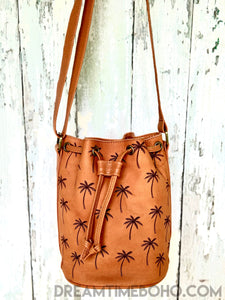 Coastal Palm Leather Crossbody Bucket Bag-Crossbody Bag-Dreamtime Boho-Dreamtime Boho