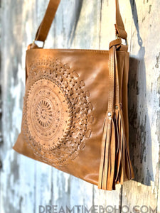 Tooled Leather Crossbody Mandala Boho Bag-Crossbody Bag-Dreamtime Boho-Black-Dreamtime Boho