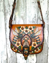 Load image into Gallery viewer, Bee Story Hand Tooled Leather Crossbody Bag – Hand Painted Floral Bee Design