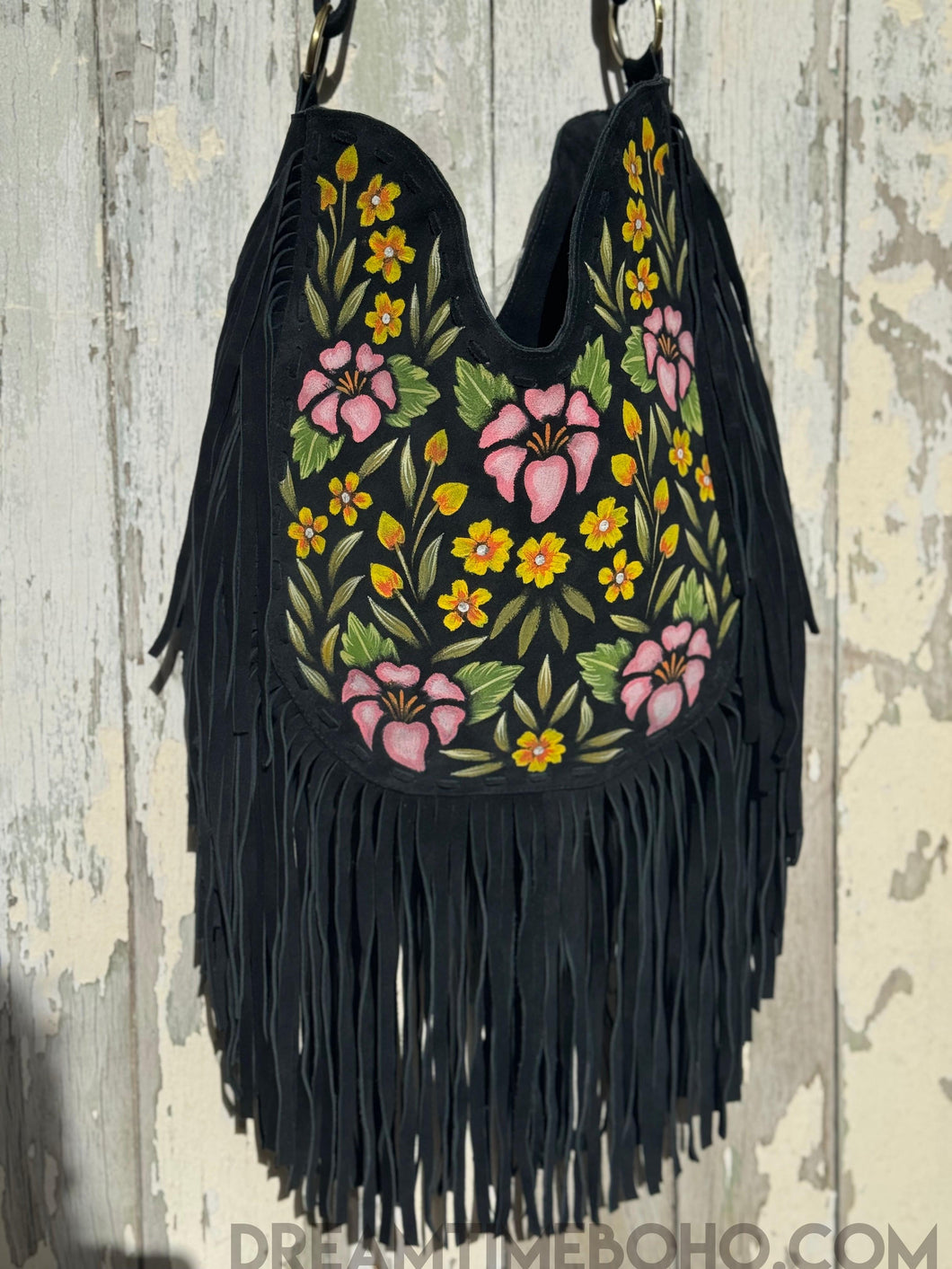 Boho Beauty Handpainted Suede Fringe Shoulder Bag-Handbags, Wallets & Cases-Dreamtime Boho -Dreamtime Boho