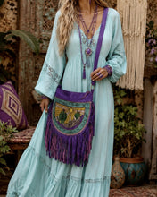 Load image into Gallery viewer, Cactus Desert Sun Leather Crossbody Fringe Boho Bag – Purple