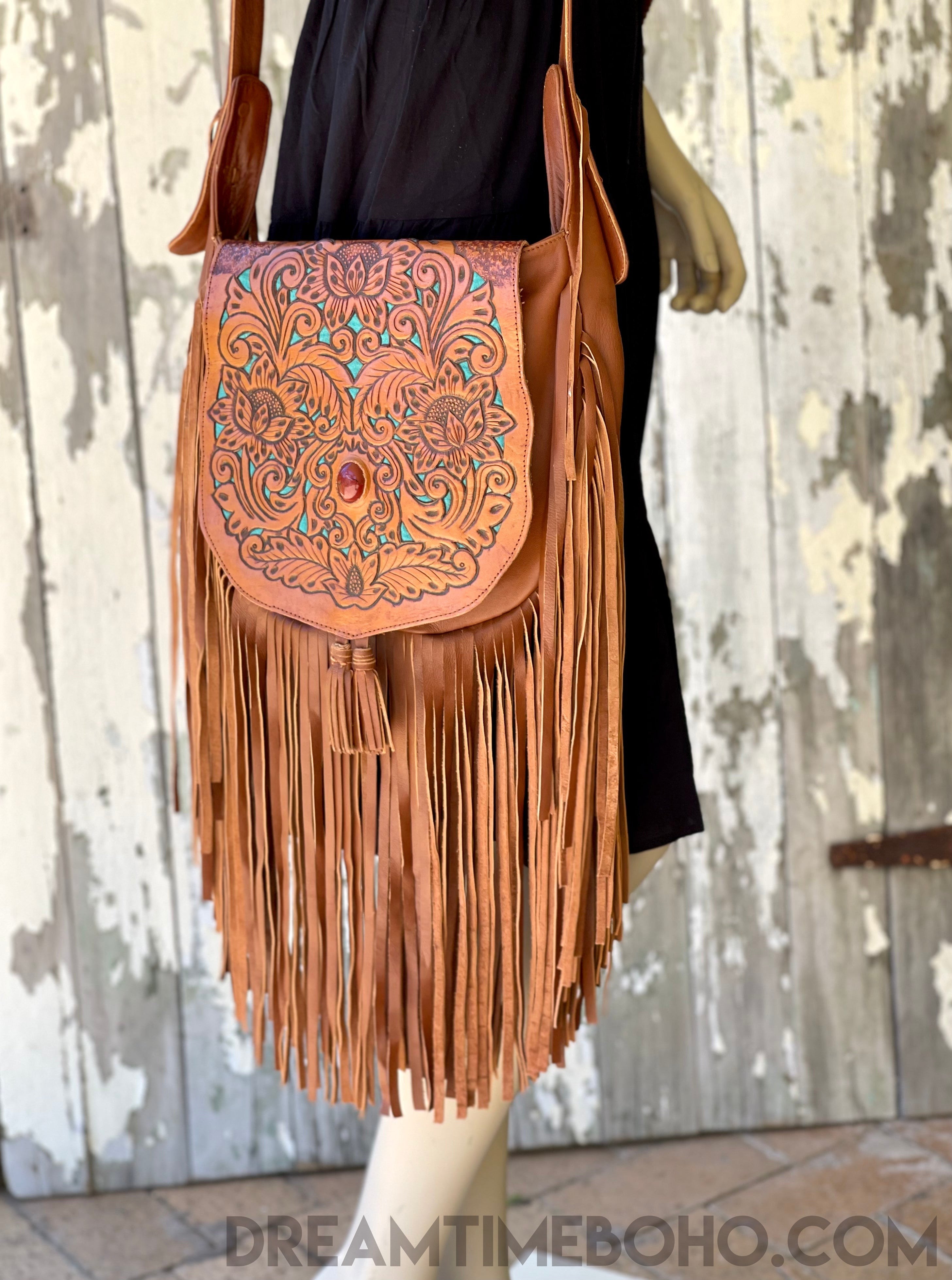 Hand Tooled Black Raven Fringed Leather Boho Bag – Dreamtime Boho