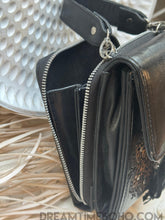 Load image into Gallery viewer, Hand-Tooled Leather Crossbody Wallet with Mandala Design-Apparel &amp; Accessories-Dreamtime Boho -Black-Dreamtime Boho