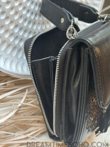 Hand-Tooled Leather Crossbody Wallet with Mandala Design-Apparel & Accessories-Dreamtime Boho -Black-Dreamtime Boho