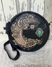 Load image into Gallery viewer, Rustic Moon Hand Tooled Round Leather Boho Bag