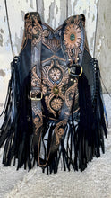 Load image into Gallery viewer, Desert Bloom Hand Tooled Leather Fringe Crossbody Bag – Black