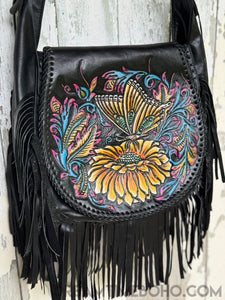 Hand Tooled Butterfly Dream Fringe Leather Boho Bag-Boho Fringe Bag-Dreamtime Boho-Dreamtime Boho