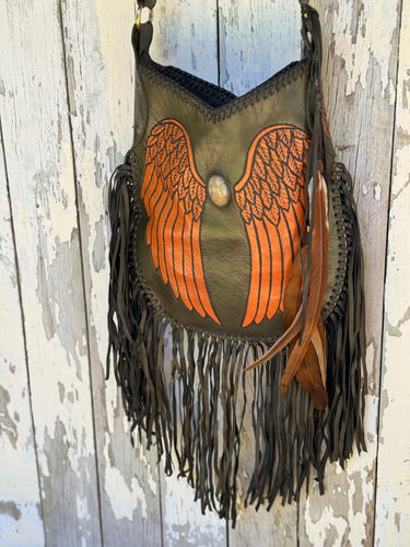 Boho Angel Wings Hand Tooled Leather Crossbody Fringe Bag