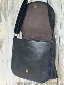 Mandala Leather Crossbody Boho Bag-Handbags, Wallets & Cases-Dreamtime Boho -Black-Dreamtime Boho