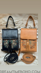 Hand-Tooled Leather Crossbody Wallet with Mandala Design-Apparel & Accessories-Dreamtime Boho -Black-Dreamtime Boho