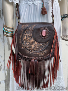Hand Tooled Crystal Moon Leather Fringed Boho Bag-Leather Boho bag-Dreamtime Boho -Chocolate-Dreamtime Boho