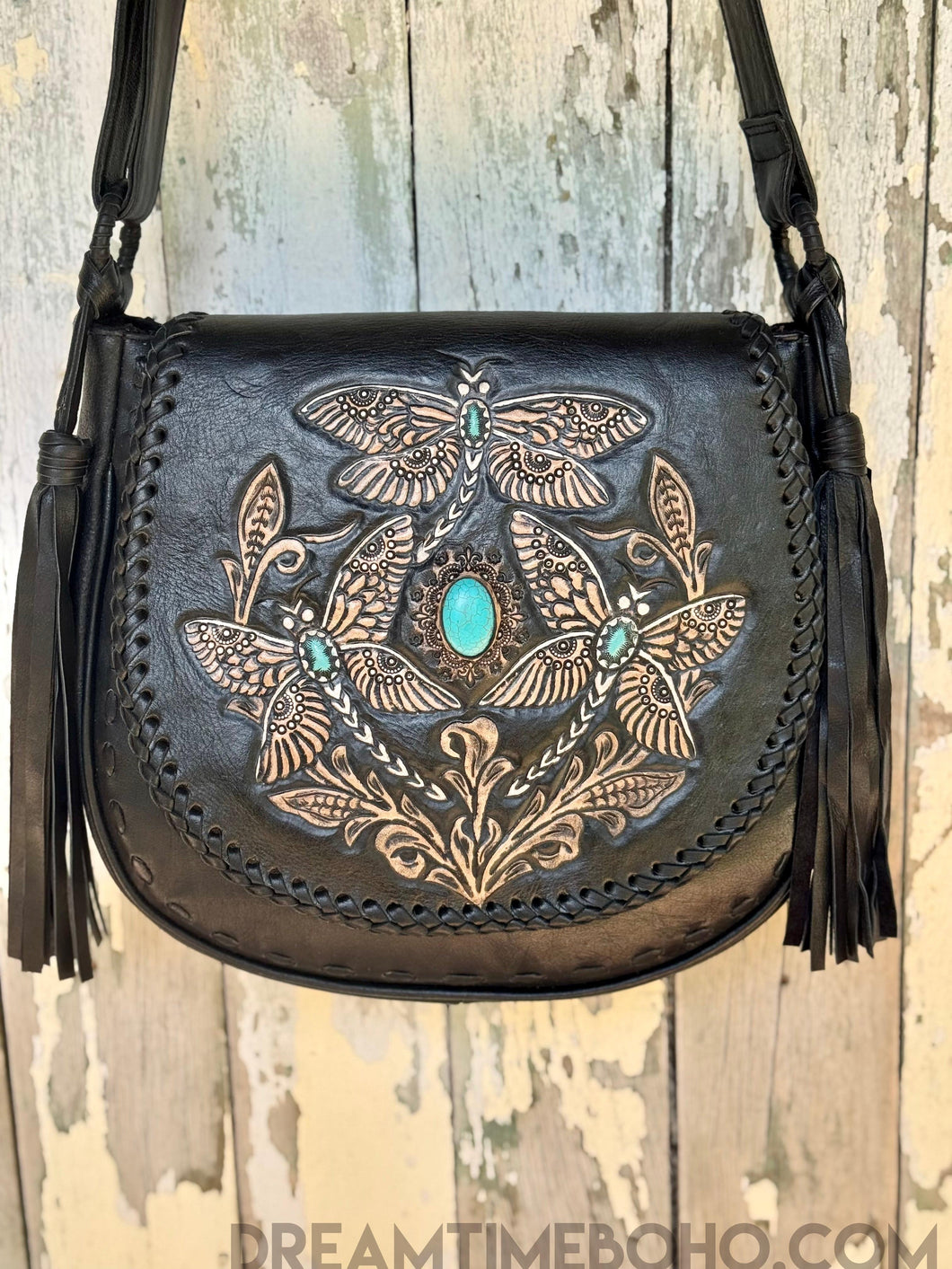 Hand Tooled Dragonfly Crossbody Leather Boho Bag-Handbags, Wallets & Cases-Dreamtime Boho -Dreamtime Boho