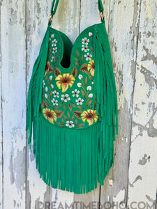 Boho Beauty Hand Painted Green Suede Leather Fringe Bag-Apparel & Accessories-Dreamtime Boho -Dreamtime Boho