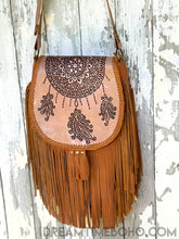 Load image into Gallery viewer, Hand Tooled Dreamcatcher Fringe Leather Boho Bag-Leather Crossbody Bag-Dreamtime Boho-Tan-Dreamtime Boho