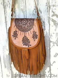 Hand Tooled Dreamcatcher Fringe Leather Boho Bag-Leather Crossbody Bag-Dreamtime Boho-Tan-Dreamtime Boho