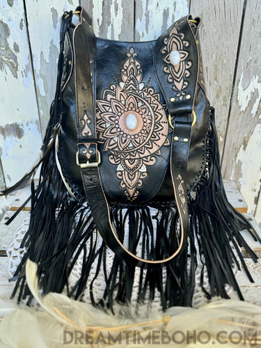 Hand Tooled Sahara Leather Crossbody Fringe Boho Bag - Black-Apparel & Accessories-Dreamtime Boho -Dreamtime Boho
