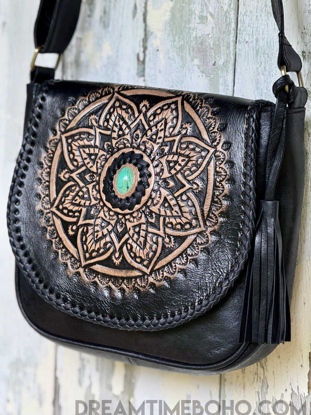 Mandala Leather Crossbody Boho Bag-Handbags, Wallets & Cases-Dreamtime Boho -Black-Dreamtime Boho
