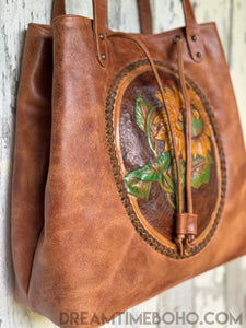 Luxe Handtooled Sunflower Leather Shoulder Tote Bag-Leather Shoulder Bag-Dreamtime Boho-Dreamtime Boho