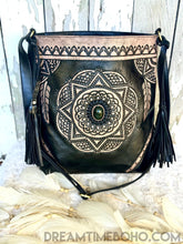 Load image into Gallery viewer, Mandala Crossbody Leather Boho Bag with Gemstone Feature-Leather Crossbody Bag-Dreamtime Boho-Black stone-Dreamtime Boho