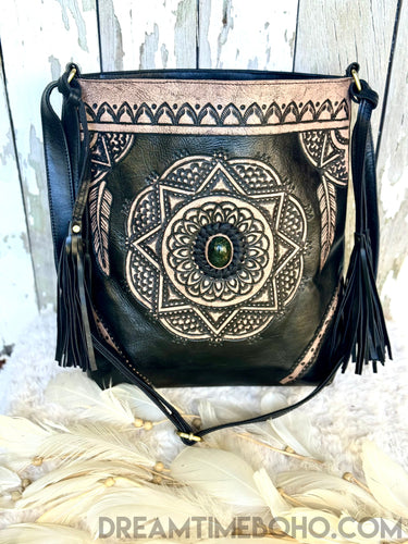 Mandala Crossbody Leather Boho Bag with Gemstone Feature-Leather Crossbody Bag-Dreamtime Boho-Black stone-Dreamtime Boho