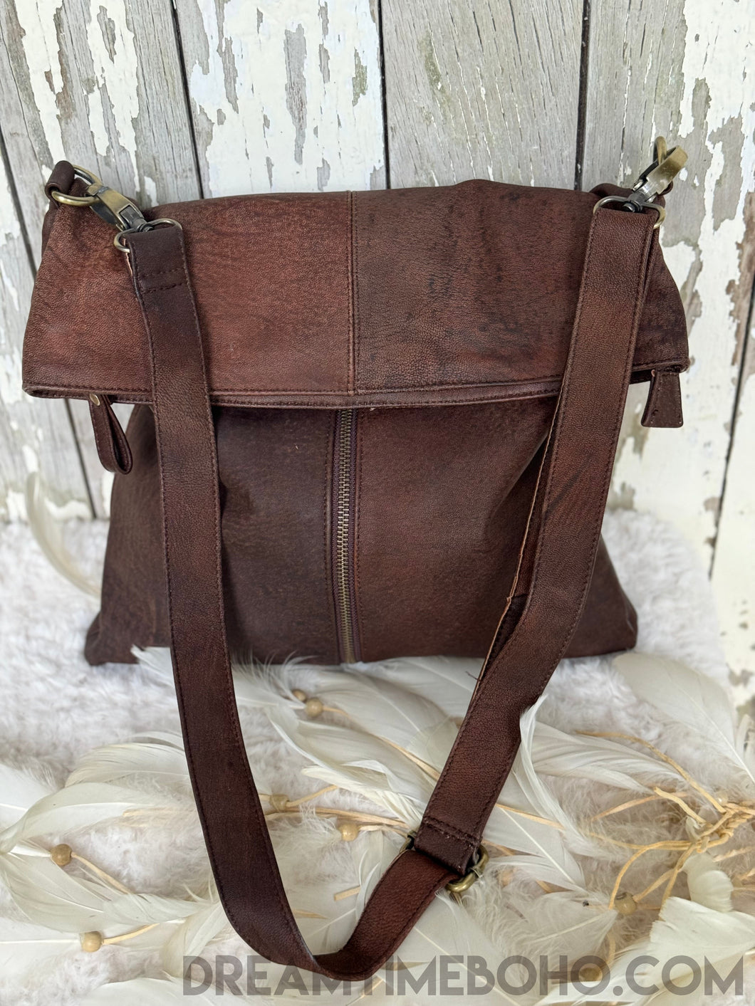 Antique Brown Leather Crossbody Fold Over Bag-Apparel & Accessories-Dreamtime Boho-Dreamtime Boho