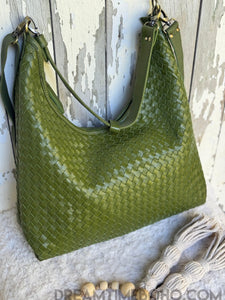 Handmade Woven Leather Crossbody Boho Bag - Olive Green-Apparel & Accessories-Dreamtime Boho -Dreamtime Boho