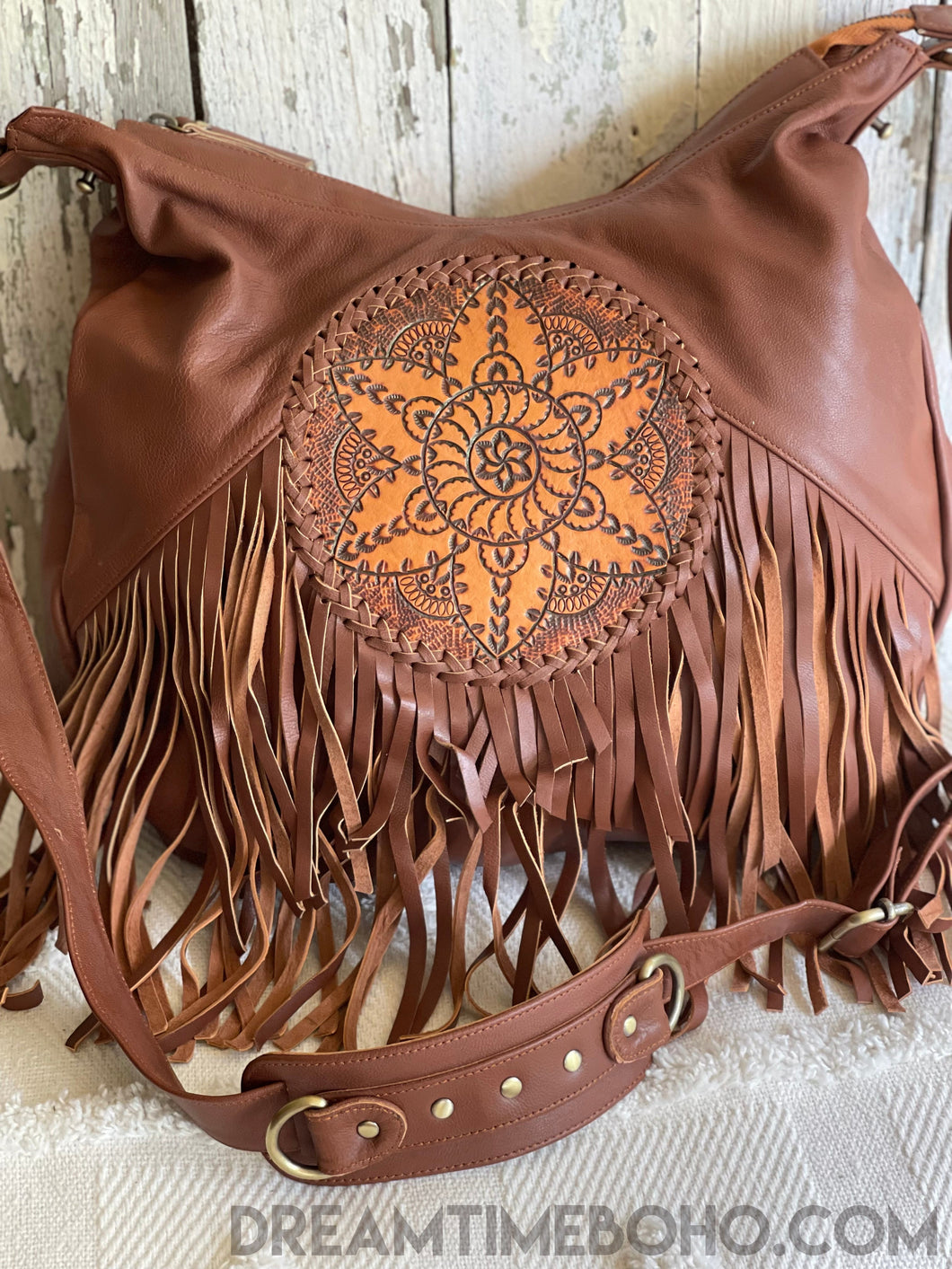 Convertible Leather Mandala Backpack/Crossbody Fringed Leather Boho Bag-Boho Handbags-Dreamtime Boho-Brown-Dreamtime Boho