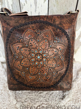 Load image into Gallery viewer, Hand Tooled Mandala Leather Crossbody Boho Bag-Crossbody Bag-Dreamtime Boho -Antique Brown-Dreamtime Boho