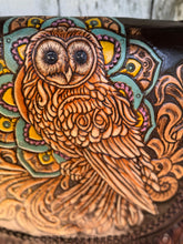 Load image into Gallery viewer, Night Guardian Hand Tooled Owl Leather Fringe Crossbody Bag – Hand Painted Boho Artisan Bag-Handbags, Wallets &amp; Cases-Dreamtime Boho -Dreamtime Boho