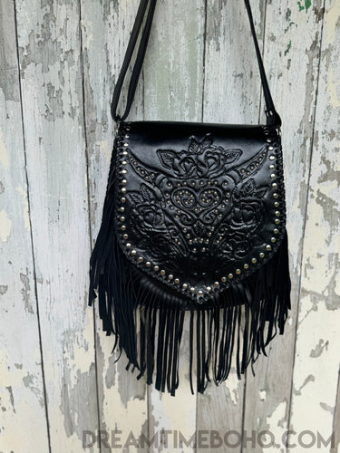 Luxe Leather Fringe Crossbody Boho Bag - Buffalo Stud-Leather Crossbody Bag-Dreamtime Boho-Dreamtime Boho