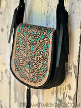 Load image into Gallery viewer, Tooled Leather Crossbody Boho Bag Turquoise/Black-Crossbody Handbag-Dreamtime Boho-Dreamtime Boho