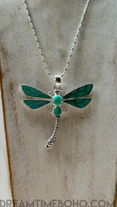 Sterling Silver Dragonfly Pendant Necklace –Turquoise Inlay-jewellery-Dreamtime Boho -Dreamtime Boho