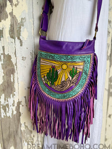Cactus Desert Sun Leather Crossbody Bohemian Fringe Bag - Purple-Handbags, Wallets & Cases-Dreamtime Boho -Dreamtime Boho