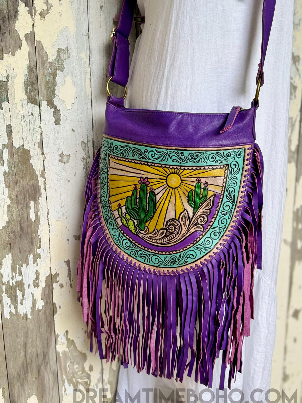 Cactus Desert Sun Leather Crossbody Bag - Purple-Apparel & Accessories-Dreamtime Boho -Dreamtime Boho