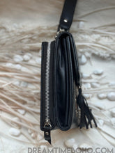 Load image into Gallery viewer, Hand-Tooled Leather Crossbody Wallet with Mandala Design-Apparel &amp; Accessories-Dreamtime Boho -Black-Dreamtime Boho