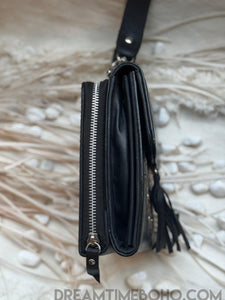 Hand-Tooled Leather Crossbody Wallet with Mandala Design-Apparel & Accessories-Dreamtime Boho -Black-Dreamtime Boho