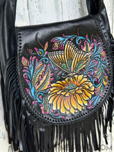 Load image into Gallery viewer, Hand Tooled Butterfly Dream Fringe Leather Boho Bag-Boho Fringe Bag-Dreamtime Boho-Dreamtime Boho