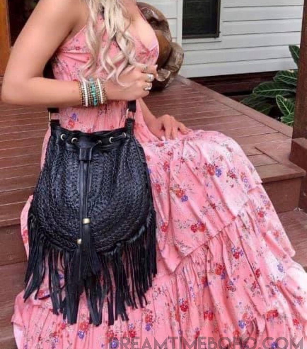 Gypsy Weave Fringe Leather Boho Bag-Handbags, Wallets & Cases-Dreamtime Boho-Black-Dreamtime Boho